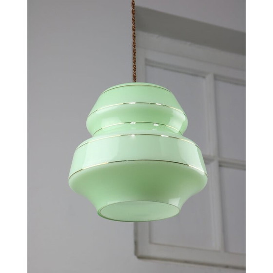 Image 1 of Mid Century hanglamp van groen glas en messing