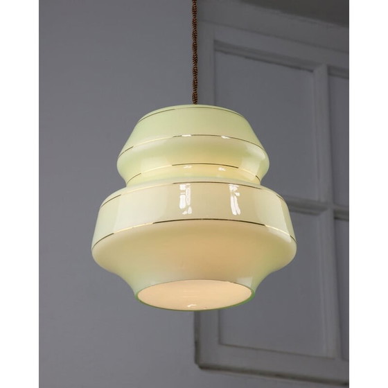 Image 1 of Mid Century hanglamp van groen glas en messing