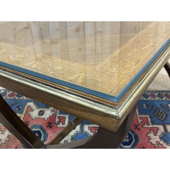 Image 1 of Vintage marqueterie en glazen salontafel, Engeland 1950
