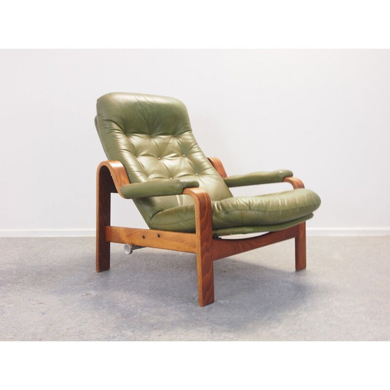 Image 1 of Vintage loungestoel met groen leer en voetenbankje van G-Mobel, jaren 1970