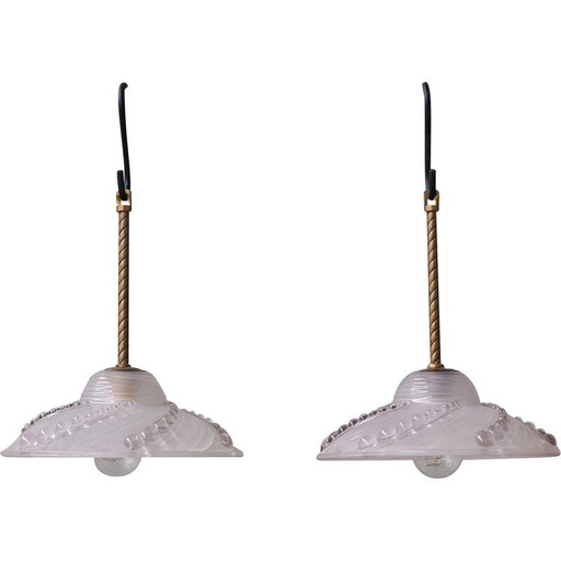 Paar vintage hanglampen van messing en glas, Frankrijk 1970