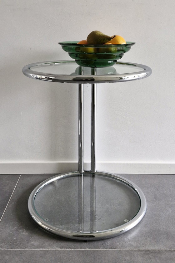 Image 1 of Bijzettafel Rond - Chroom Met Glas 1980S - Bauhausstijl