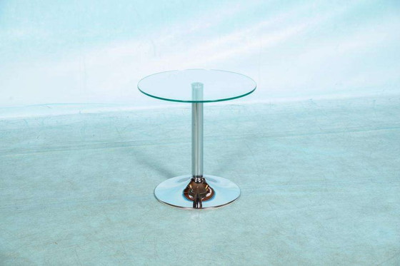 Image 1 of Space age ronde bijzettafel, chroom en glas plantentafeltje