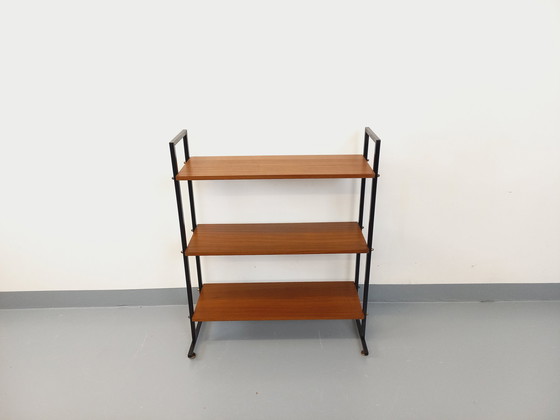 Image 1 of Vintage teak en zwart metaal 60's String Tomado stijl plank op poten