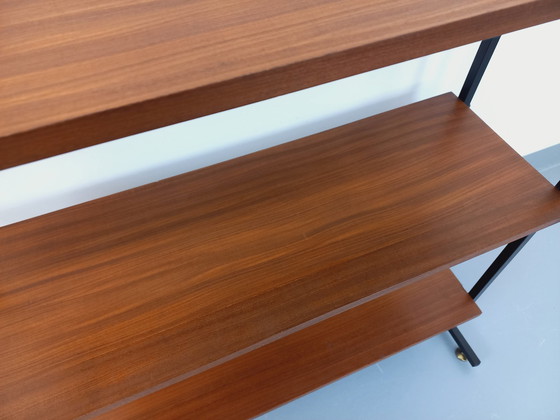 Image 1 of Vintage teak en zwart metaal 60's String Tomado stijl plank op poten