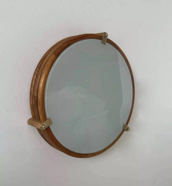 Image 1 of Applique Vintage Ronde, Bois Verre Et Laiton, Frankrijk 1980