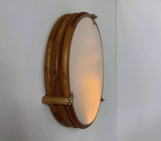 Image 1 of Applique Vintage Ronde, Bois Verre Et Laiton, Frankrijk 1980