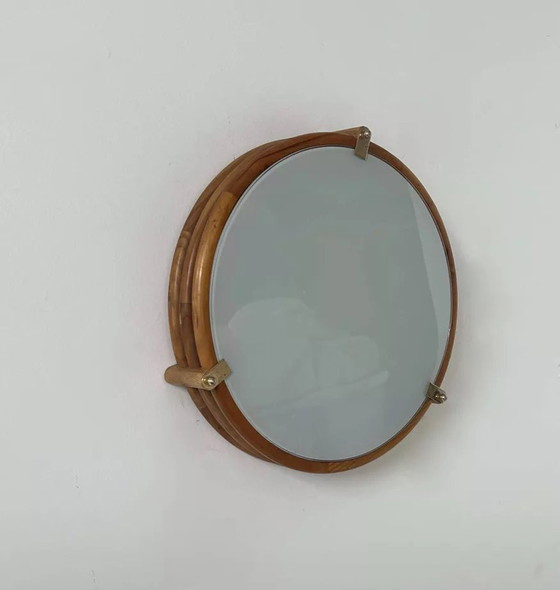 Image 1 of Applique Vintage Ronde, Bois Verre Et Laiton, Frankrijk 1980