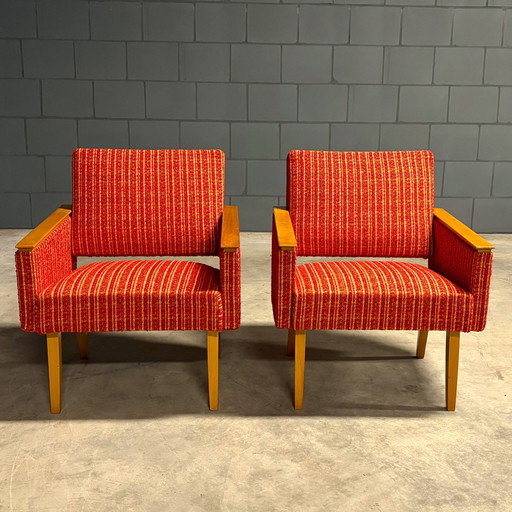 Set Vintage Loungefauteuils – Rood/Oranje Stof – Jaren 70