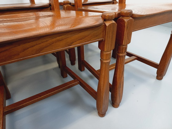 Image 1 of Suite van 6 Vintage Brutalistische eiken stoelen uit de jaren 60