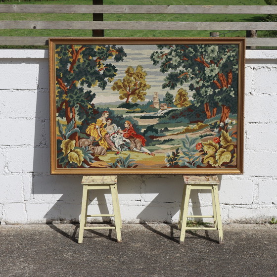 Image 1 of Frans Vintage Groot Druppelnaald Wandtapijt-Groot Vintage Ingelijst Kunstwerk-Barokke Tuin Scène-70S