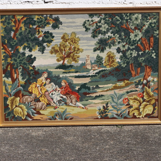 Image 1 of Frans Vintage Groot Druppelnaald Wandtapijt-Groot Vintage Ingelijst Kunstwerk-Barokke Tuin Scène-70S