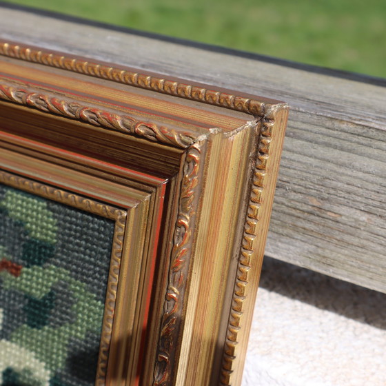 Image 1 of Frans Vintage Groot Druppelnaald Wandtapijt-Groot Vintage Ingelijst Kunstwerk-Barokke Tuin Scène-70S