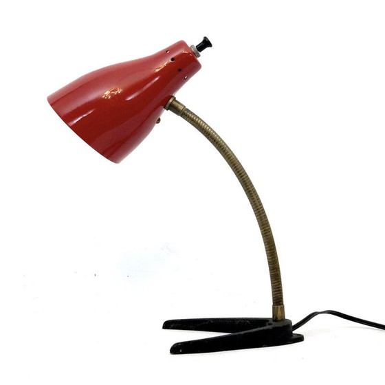 Image 1 of Vintage flexibele lamp in messing en rode lak, Italië 1950