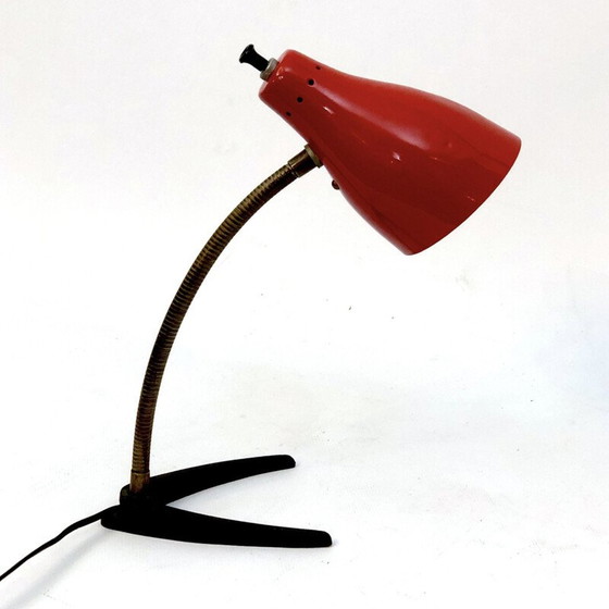Image 1 of Vintage flexibele lamp in messing en rode lak, Italië 1950
