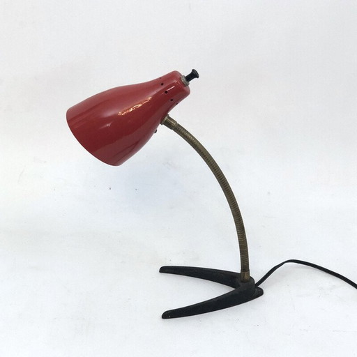 Vintage flexibele lamp in messing en rode lak, Italië 1950