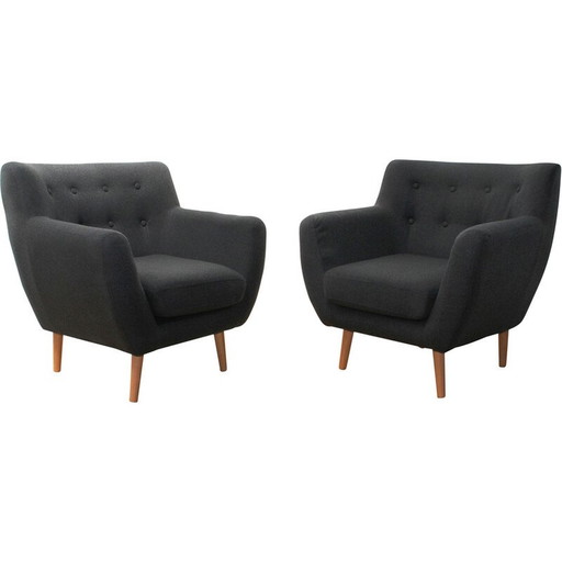 Paar vintage fauteuils in licht hout en grijze stof