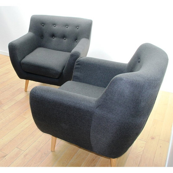 Image 1 of Paar vintage fauteuils in licht hout en grijze stof