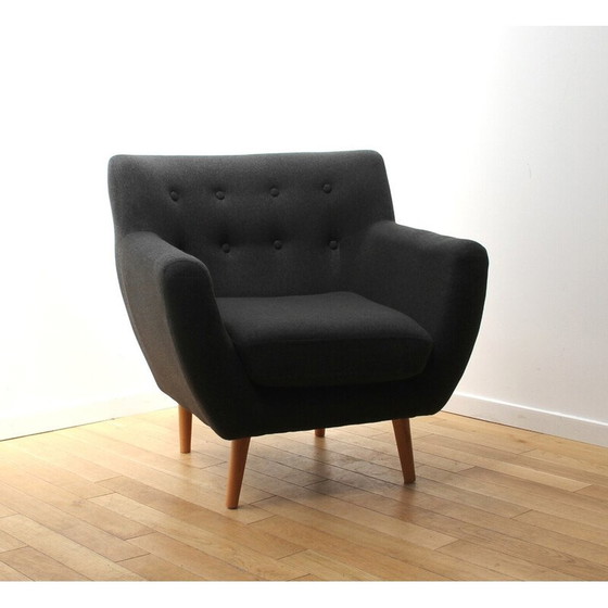 Image 1 of Paar vintage fauteuils in licht hout en grijze stof