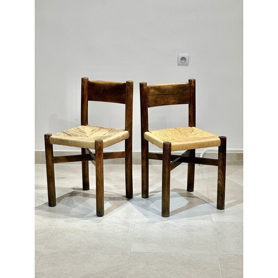 Image 1 of Paar vintage essenhouten stoelen van Charlotte Perriand Merribel, 1950