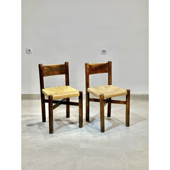 Image 1 of Paar vintage essenhouten stoelen van Charlotte Perriand Merribel, 1950