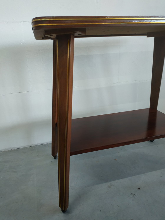 Image 1 of Vintage Plantentafel Bijzettafel Trolley met Messing Inlay en Wieltjes