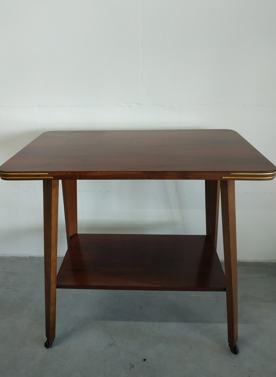 Image 1 of Vintage Plantentafel Bijzettafel Trolley met Messing Inlay en Wieltjes