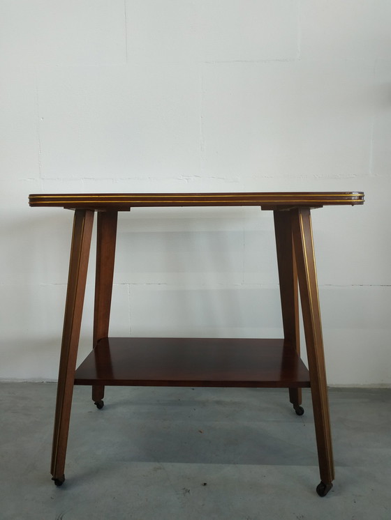 Image 1 of Vintage Plantentafel Bijzettafel Trolley met Messing Inlay en Wieltjes