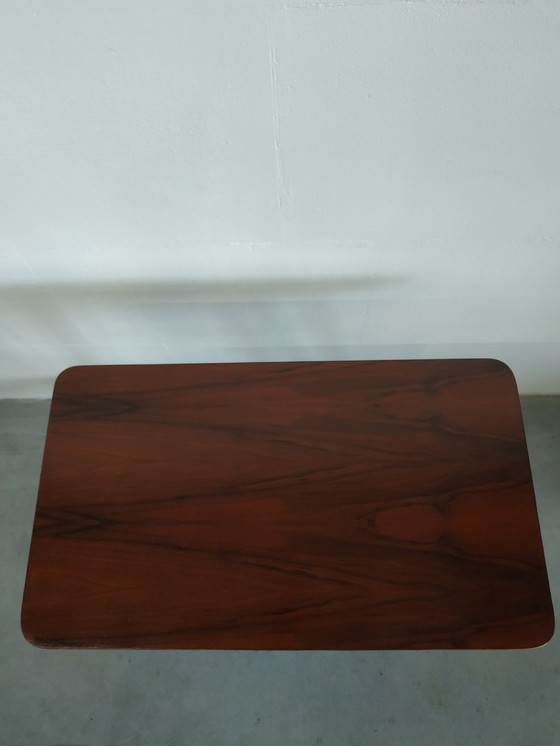 Image 1 of Vintage Plantentafel Bijzettafel Trolley met Messing Inlay en Wieltjes