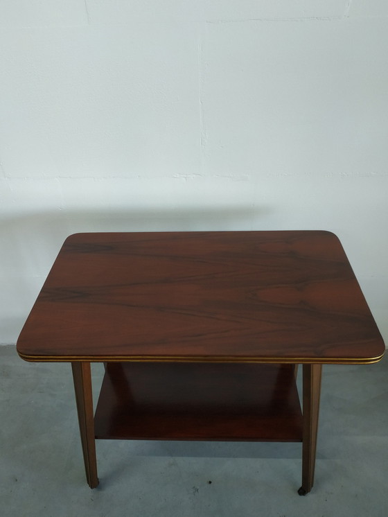 Image 1 of Vintage Plantentafel Bijzettafel Trolley met Messing Inlay en Wieltjes