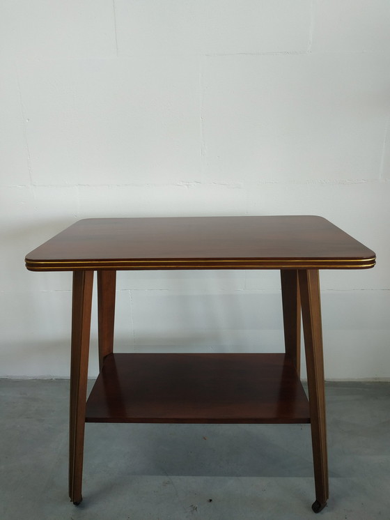 Image 1 of Vintage Plantentafel Bijzettafel Trolley met Messing Inlay en Wieltjes