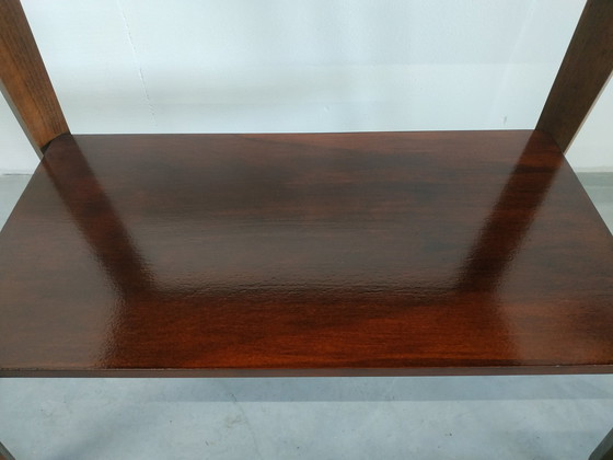 Image 1 of Vintage Plantentafel Bijzettafel Trolley met Messing Inlay en Wieltjes