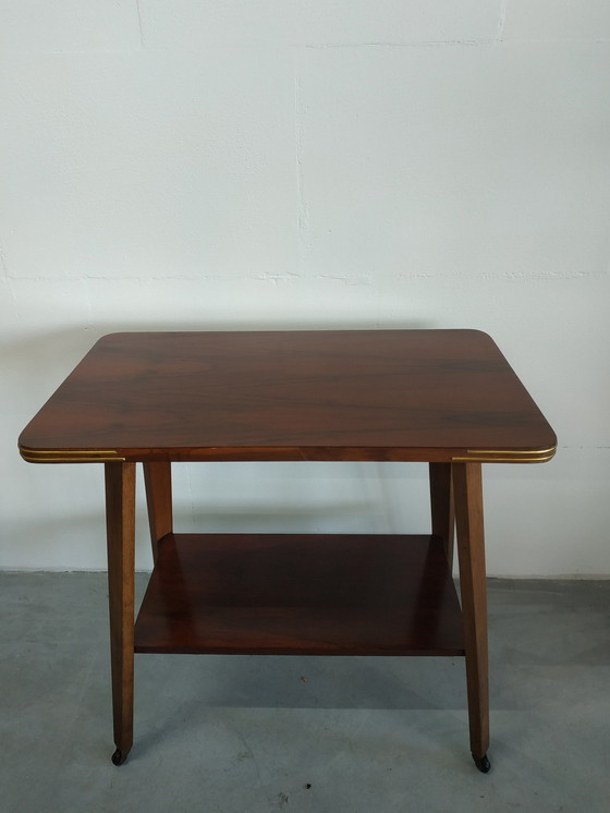 Image 1 of Vintage Plantentafel Bijzettafel Trolley met Messing Inlay en Wieltjes