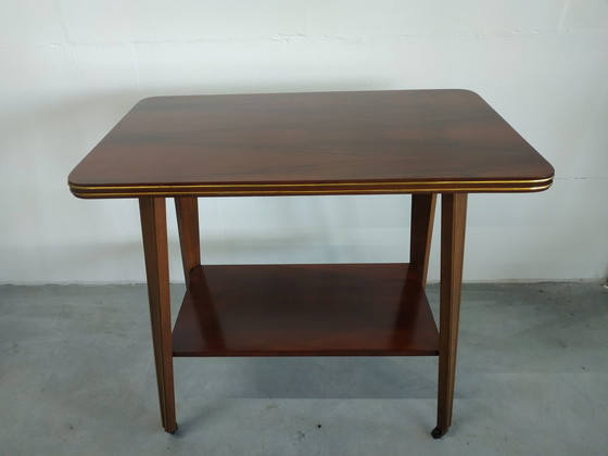 Image 1 of Vintage Plantentafel Bijzettafel Trolley met Messing Inlay en Wieltjes