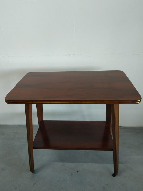 Image 1 of Vintage Plantentafel Bijzettafel Trolley met Messing Inlay en Wieltjes