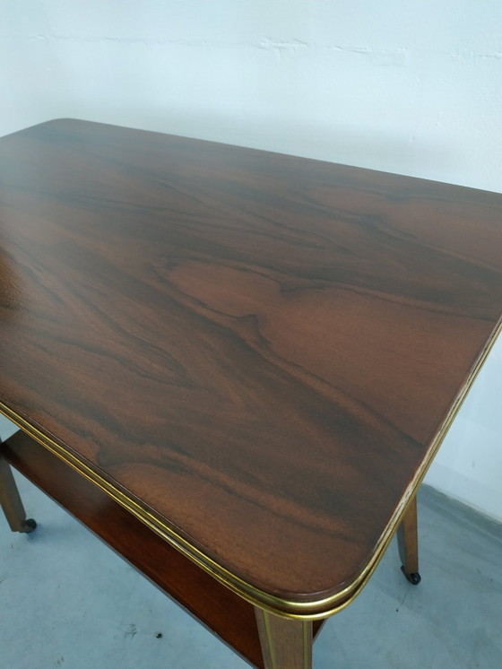 Image 1 of Vintage Plantentafel Bijzettafel Trolley met Messing Inlay en Wieltjes