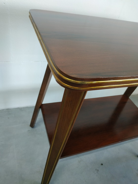 Image 1 of Vintage Plantentafel Bijzettafel Trolley met Messing Inlay en Wieltjes