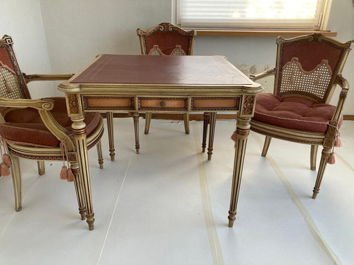 Franse Louis XVI Kaarttafel Met Stoelen (19de Eeuw)