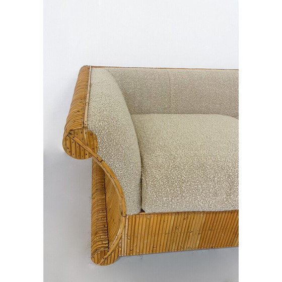 Image 1 of Mid Century driezitter in beige boucle stof en rotan, Italië 1960