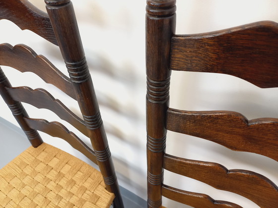 Image 1 of Paar Vintage Arts & Crafts Antonio Calligaris Stijl Eiken en Touw Stoelen Uit De Jaren '50