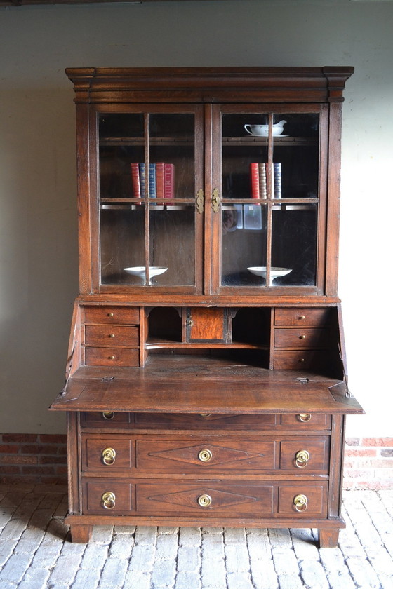 Image 1 of Antieke Eiken Houten Topbureau, Secretaire.