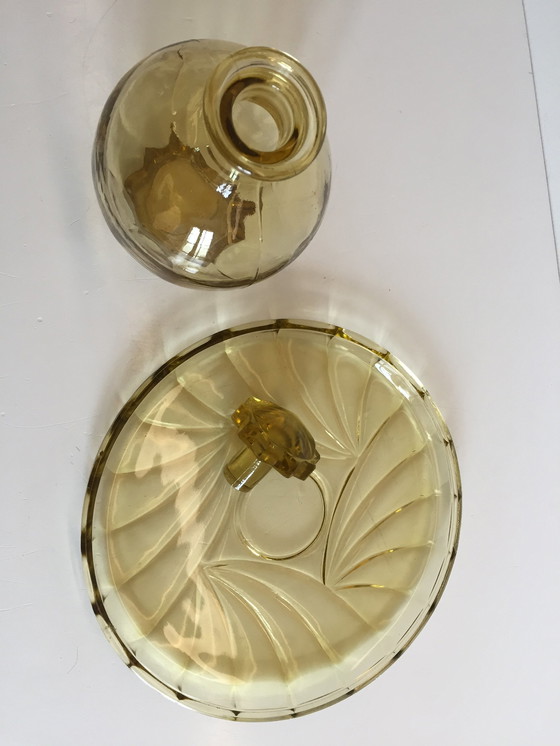 Image 1 of Art Deco Dienblad en Karaf Amber Geel Glas Frankrijk