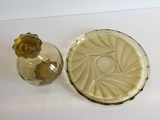 Image 1 of Art Deco Dienblad en Karaf Amber Geel Glas Frankrijk