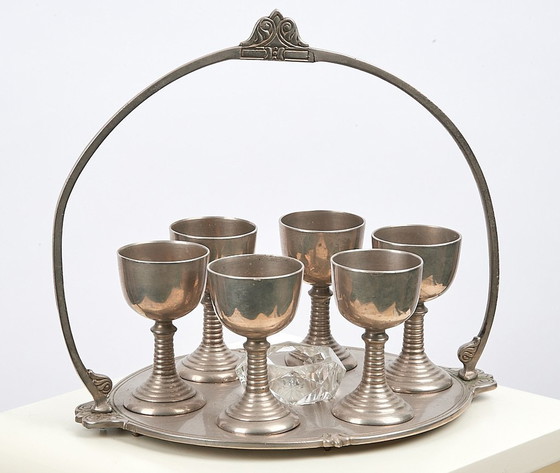 Image 1 of Art Nouveau 6 Eierdopjes Set Met Voet Metaal En Glas