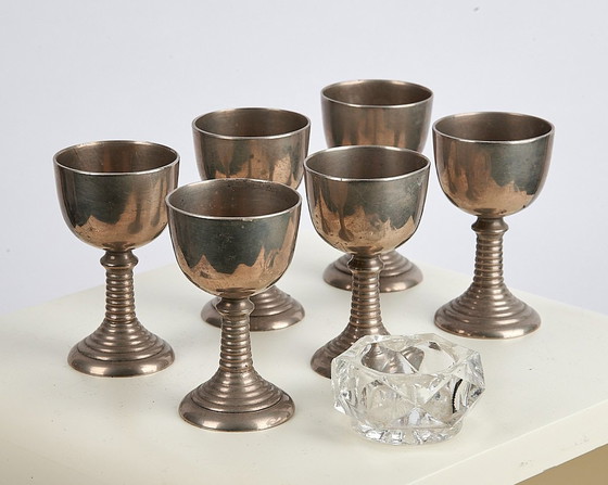 Image 1 of Art Nouveau 6 Eierdopjes Set Met Voet Metaal En Glas