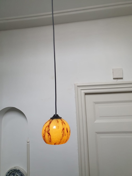 Image 1 of Art deco / mid century hanglamp gemarmerd tortoise shell patroon