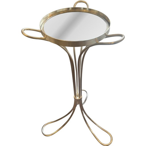 Vintage driepoot tafel op voet in zilvermetaal en glazen blad, 1960