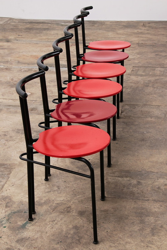 Image 1 of Postmoderne Eettafel Stoelen met Rode Zitting - Set van 6