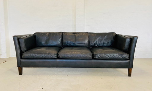 Deense Mid Century Vintage Mogens Hansen Zwart Leren Sofa