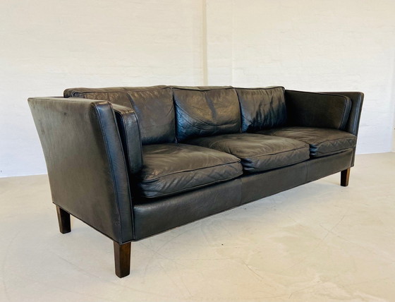 Image 1 of Deense Mid Century Vintage Mogens Hansen Zwart Leren Sofa